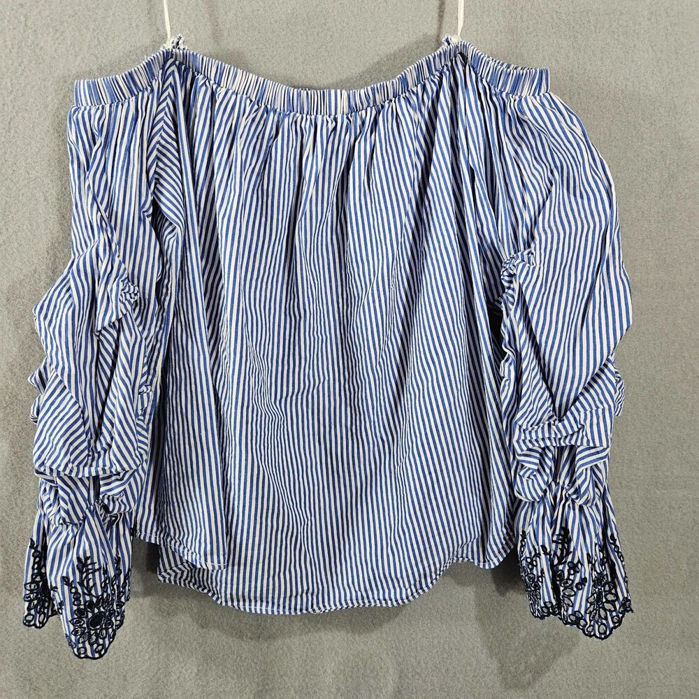 ASTR L Cotton Puff Sleeve Blue Top Matress Stripe Blouse off Shoulder Summer - Picture 6 of 6